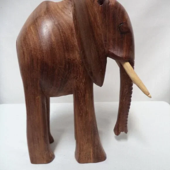 Elephant Wood Hand Carved Figurine Statue brown w/ Tusks Trunk 11" x 8.5" Decor - Picture 3 of 13
